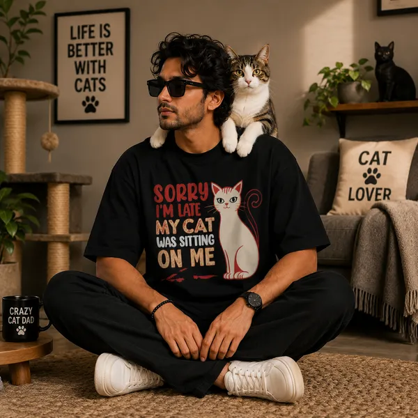 Sorry_i'm_Late_my_Cat_Was_Sitting_on_Me_Relaxed_Fit_Black_Graphic_Print_T-Shirt