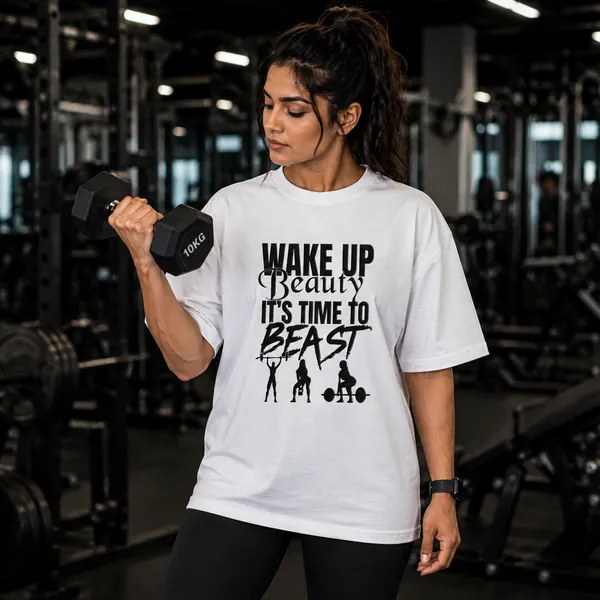 Wake_Up_Beauty_it's_Time_to_Beast_Relaxed_Fit_White_Graphic_Print_T-Shirt