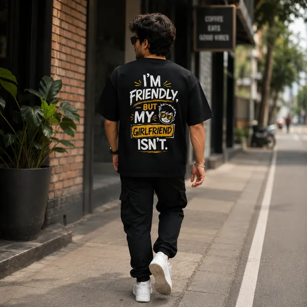 I'm_Friendly,_But_my_Wife_Isn't_Oversized_Black_Graphic_Print_T-Shirt