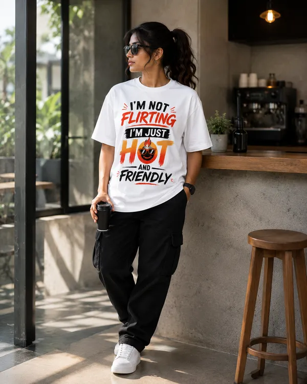 I'm_not_Flirting_i'm_Just_Hot_and_Friendly_Oversized_White_Graphic_Print_T-Shirt