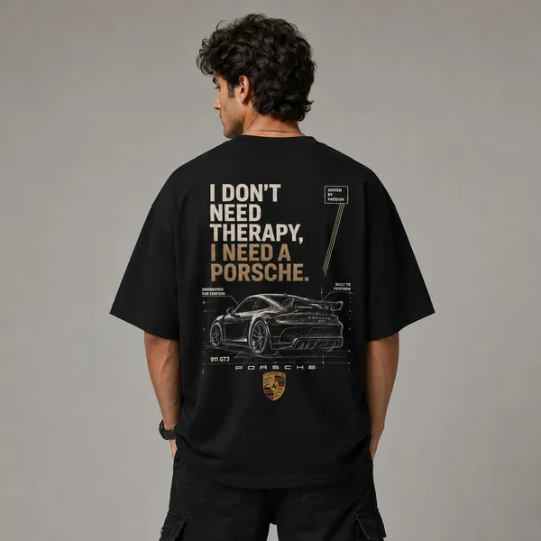 I_Don't_Need_Therapy,_I_Need_a_Porsche_Oversized_Black_Graphic_Print_T-Shirt