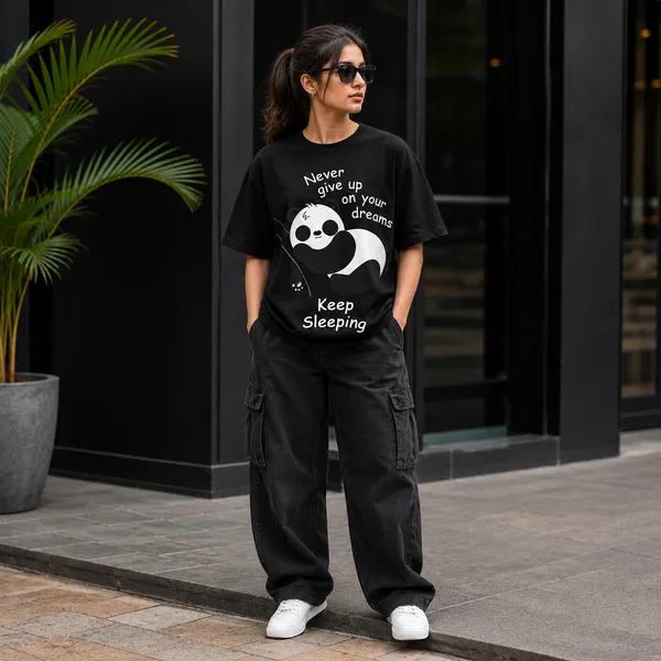 Never_Give_Up_on_your_Dreams_Keep_Sleeping_Oversized_Black_Graphic_Print_T-Shirt