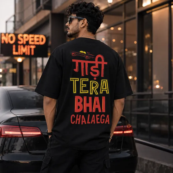 Gaadi_Tera_Bhai_Chalayega_Oversized_Black_Graphic_Print_T-Shirt
