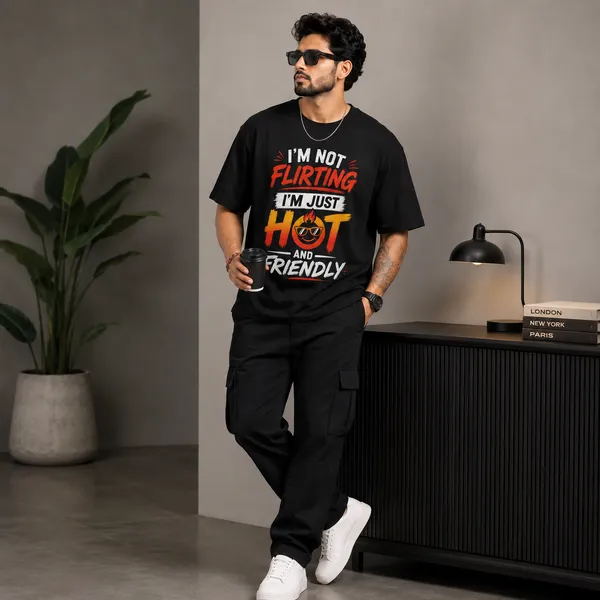 I'm_not_Flirting_i'm_Just_Hot_and_Friendly_Casual_Fit_Black_Graphic_Print_T-Shirt