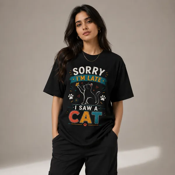 I'm_Late._I_Saw_a_Cat_Oversized_Black_Graphic_Print_T-Shirt