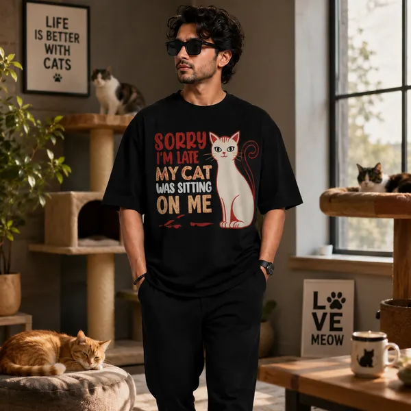Sorry_i'm_Late_my_Cat_Was_Sitting_on_Me_Relaxed_Fit_Black_Graphic_Print_T-Shirt