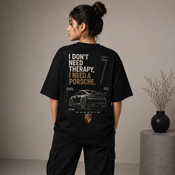 I_Don't_Need_Therapy,_I_Need_a_Porsche_Oversized_Black_Graphic_Print_T-Shirt