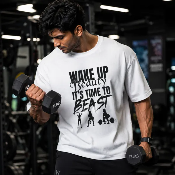 Wake_Up_Beauty_it's_Time_to_Beast_Relaxed_Fit_White_Graphic_Print_T-Shirt