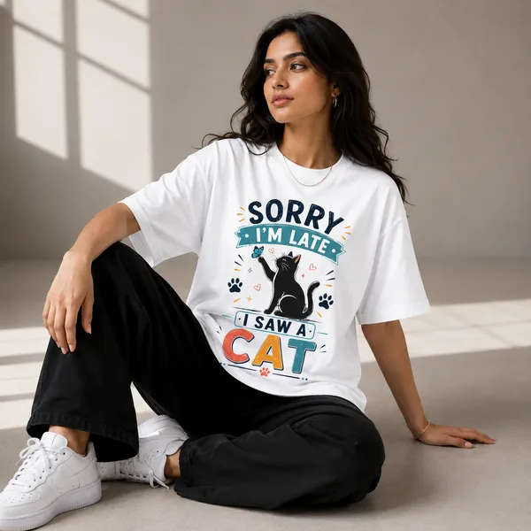 I'm_Late._I_Saw_a_Cat_Casual_Fit_White_Graphic_Print_T-Shirt