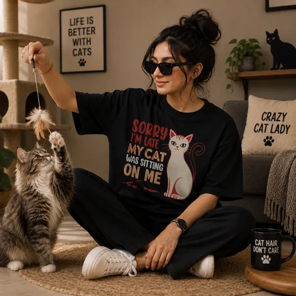 Sorry_i'm_Late_my_Cat_Was_Sitting_on_Me_Relaxed_Fit_Black_Graphic_Print_T-Shirt