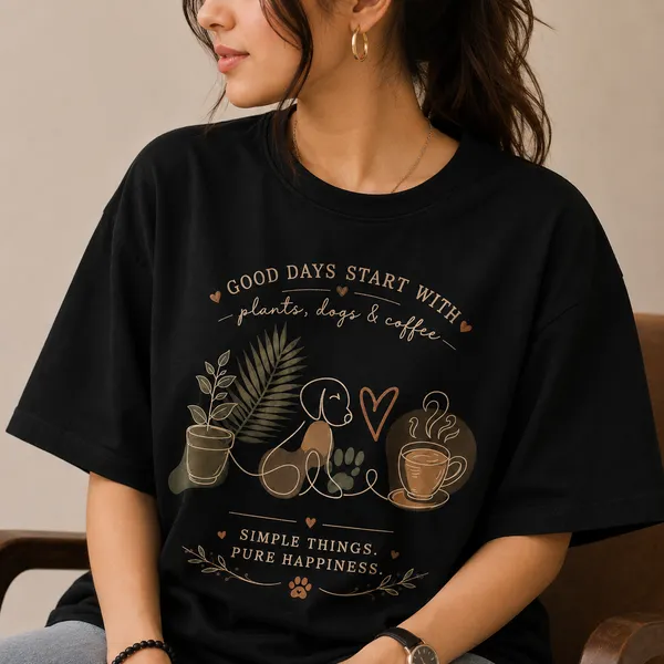 Plants_•_Dogs_•_Coffee_Oversized_Black_Graphic_Print_T-Shirt