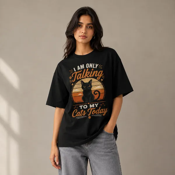 I_Am_Only_Talking_to_my_Cats_Today_Oversized_Black_Graphic_Print_T-Shirt