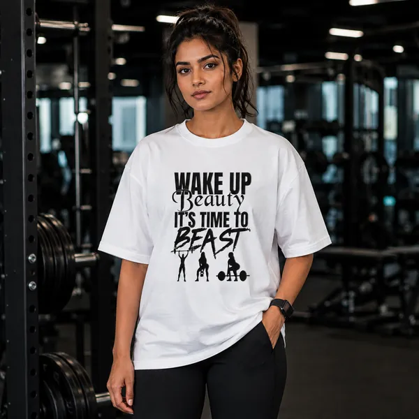 Wake_Up_Beauty_it's_Time_to_Beast_Relaxed_Fit_White_Graphic_Print_T-Shirt