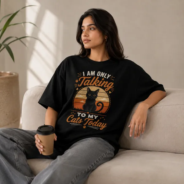 I_Am_Only_Talking_to_my_Cats_Today_Oversized_Black_Graphic_Print_T-Shirt