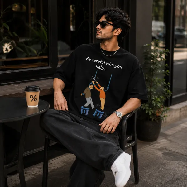 Be_Careful_Who_You_Help_Oversized_Black_Graphic_Print_T-Shirt