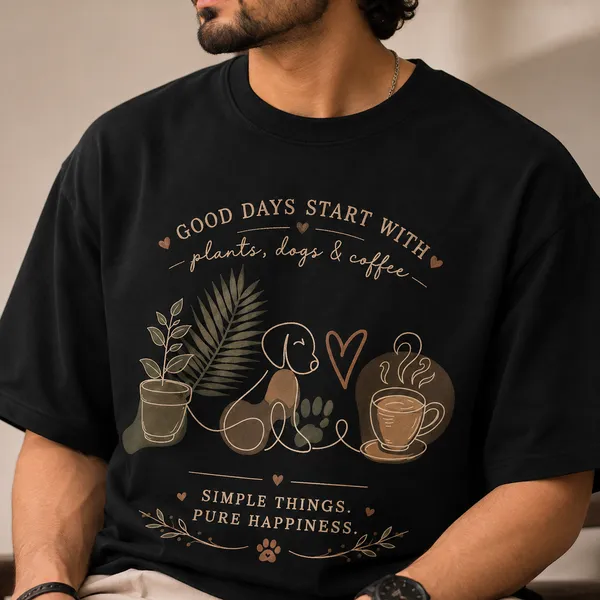 Plants_•_Dogs_•_Coffee_Oversized_Black_Graphic_Print_T-Shirt
