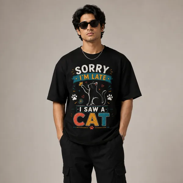 I'm_Late._I_Saw_a_Cat_Oversized_Black_Graphic_Print_T-Shirt