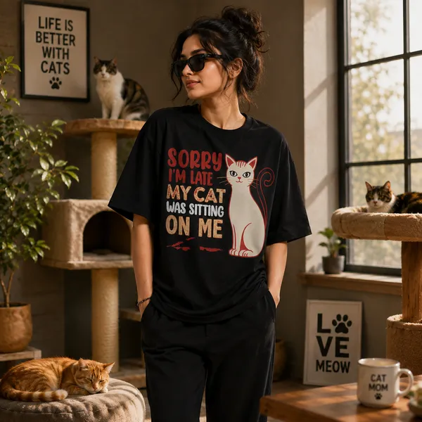 Sorry_i'm_Late_my_Cat_Was_Sitting_on_Me_Relaxed_Fit_Black_Graphic_Print_T-Shirt