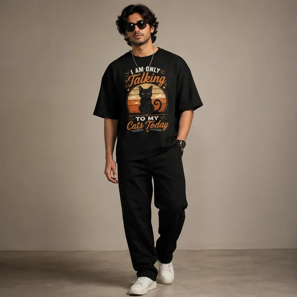 I_Am_Only_Talking_to_my_Cats_Today_Oversized_Black_Graphic_Print_T-Shirt