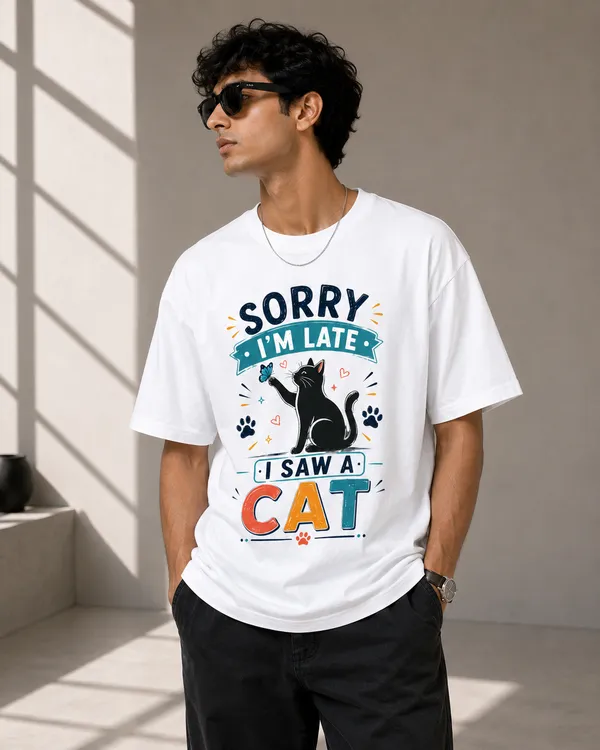 I'm_Late._I_Saw_a_Cat_Casual_Fit_White_Graphic_Print_T-Shirt