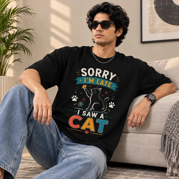 I'm_Late._I_Saw_a_Cat_Oversized_Black_Graphic_Print_T-Shirt