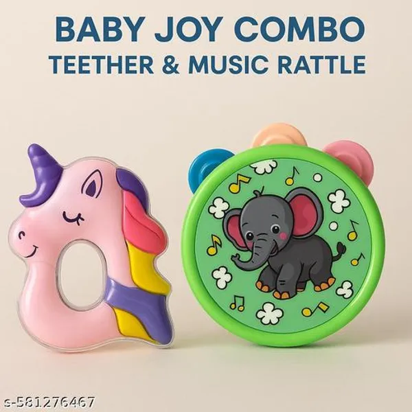 Multicolour_Plastic_Silicone_Baby_Teether_And_Rattle_Toy_Combo