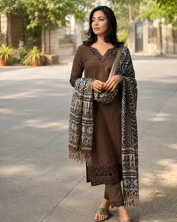 Coffee_Elegant_Ethnic_Cotton_Suit_Set_With_Printed_Dupatta_For_Women