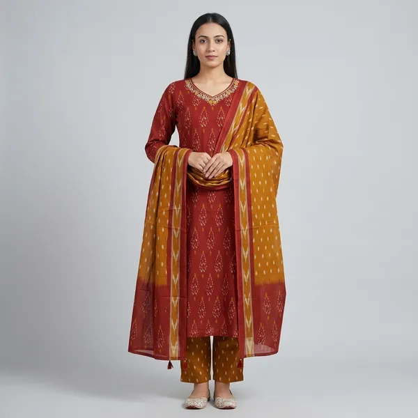 Mustard_And_Maroon_Cotton_Ikkat_Print_With_Kurti_Pant_&_Dupatta_Set_For_Women