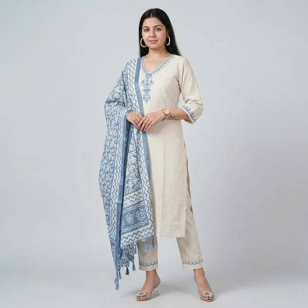 Off_White_And_Light_Blue_Cotton_Flex_Embroidery_Work_Suit_Set_With_Silk_Dupatta_For_Women