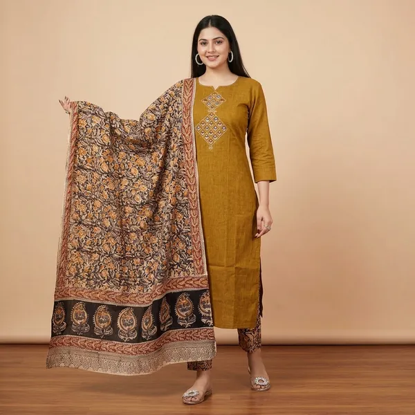 Mustard_Gold_Embroidery_Handloom_Cotton_Suit_Set_With_Dupatta_For_Women