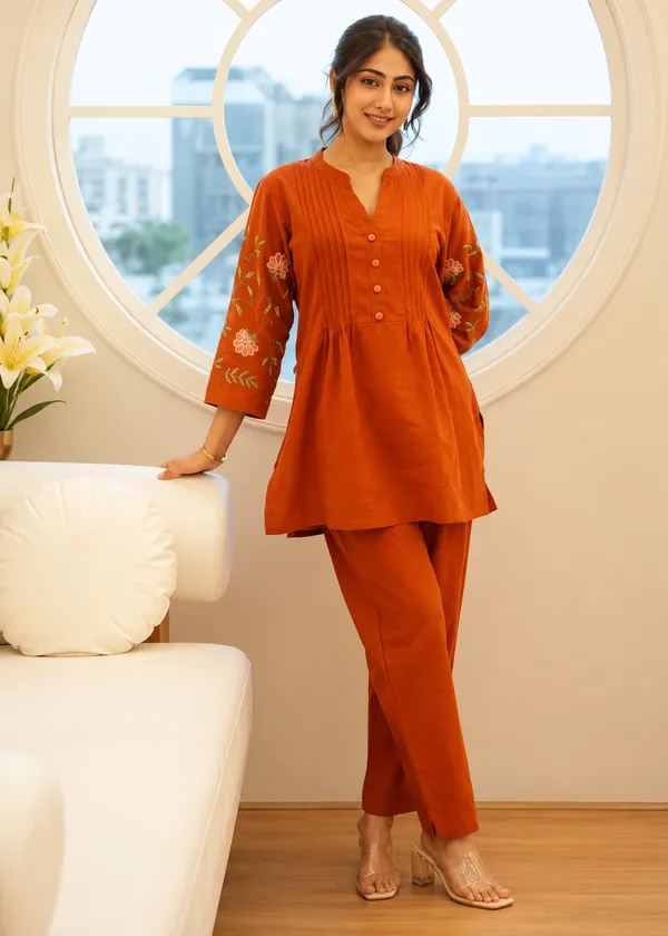 Rust_Orange_Embroidered_Peplum_Kurta_Set