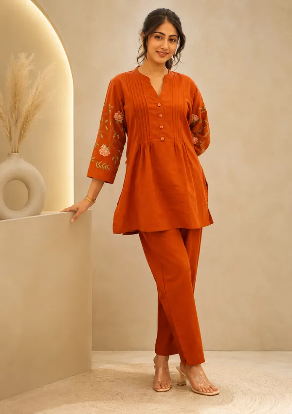 Rust_Orange_Embroidered_Peplum_Kurta_Set