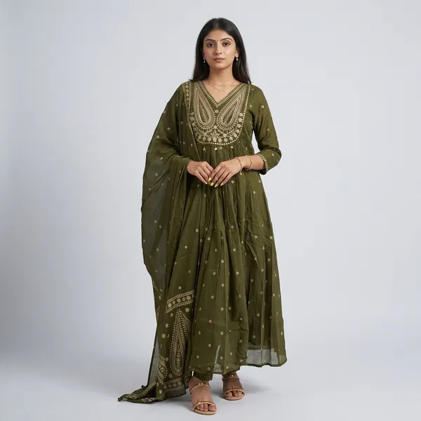 Olive_Green_Embroidered_Anarkali_Kurta_Set_With_Matching_Dupatta