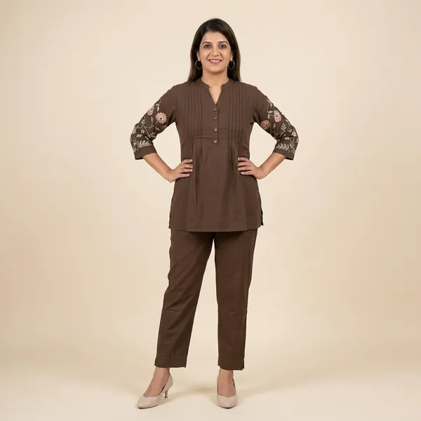 Chocolate_Brown_Embroidered_Peplum_Kurta_Set