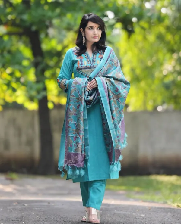 Aqua_Blue_Cotton_Slub_Floral_Embriodery_Kurta_Pant_Set_With_Khadi_slik_digitel_print_Dupatta_For_Women