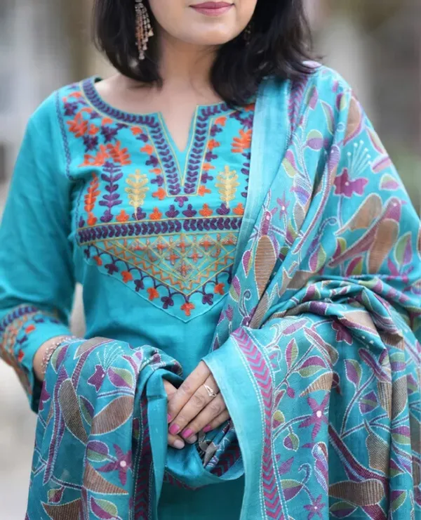 Aqua_Blue_Cotton_Slub_Floral_Embriodery_Kurta_Pant_Set_With_Khadi_slik_digitel_print_Dupatta_For_Women
