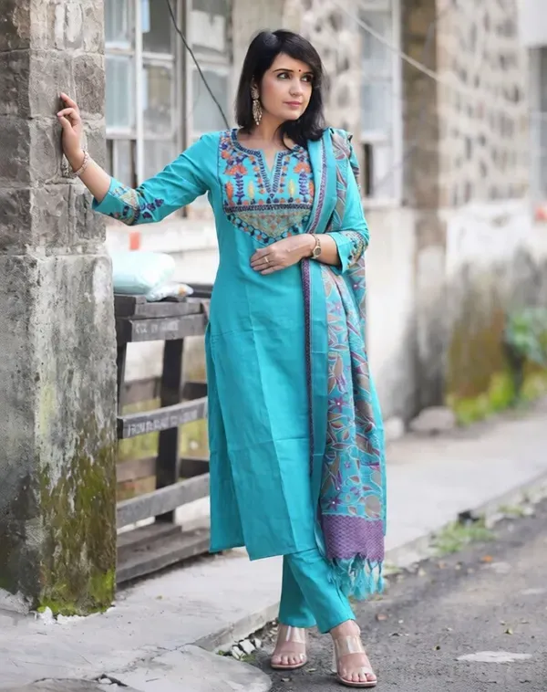 Aqua_Blue_Cotton_Slub_Floral_Embriodery_Kurta_Pant_Set_With_Khadi_slik_digitel_print_Dupatta_For_Women