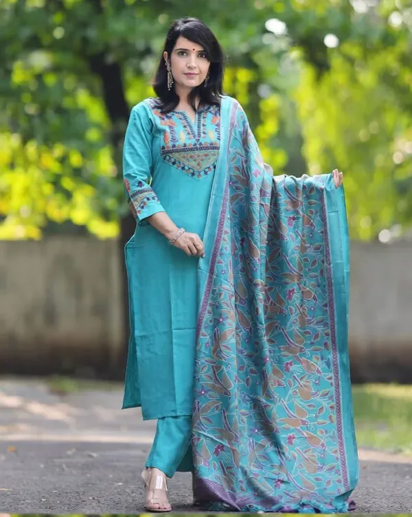 Aqua_Blue_Cotton_Slub_Floral_Embriodery_Kurta_Pant_Set_With_Khadi_slik_digitel_print_Dupatta_For_Women