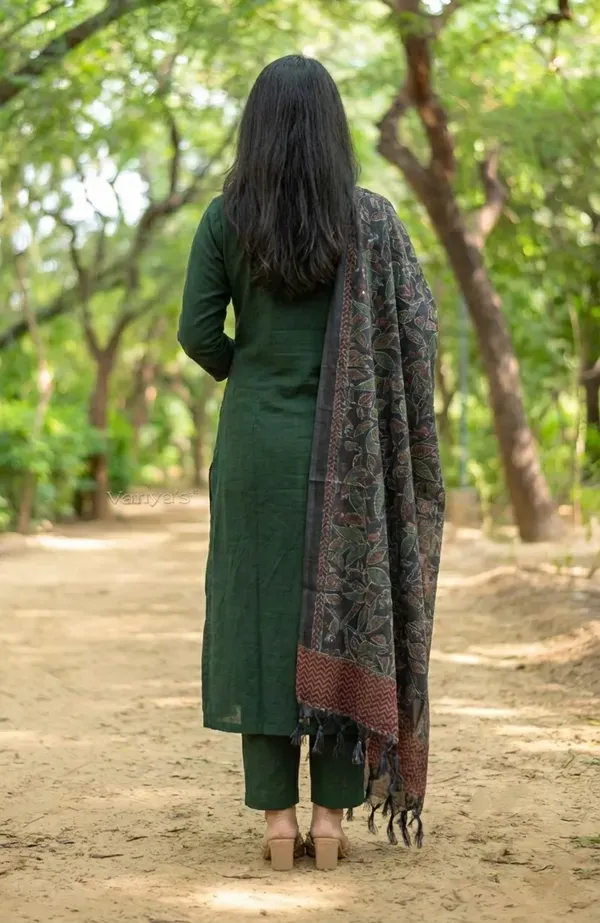 Bottel_Green_Cotton_Slub_Floral_Embroidery_Kurta_Pant_Set_With_Khadi_Silk_Digtel_Printed_Dupatta_For_Women