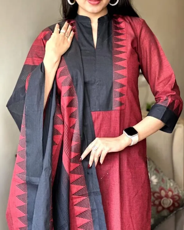 Maroon_Black_Handloom_Cotton_Woven_Fully_stitched_Suits_For_Women