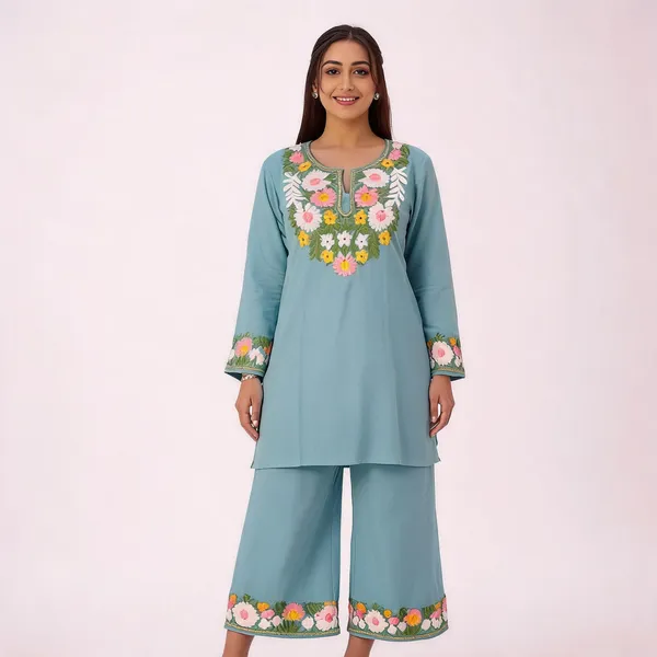 Sky_Blue_Cotton_Floral_Embroidered_Straight_Kurta_Pant_Set_For_Women