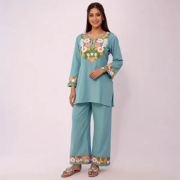 Sky_Blue_Cotton_Floral_Embroidered_Straight_Kurta_Pant_Set_For_Women