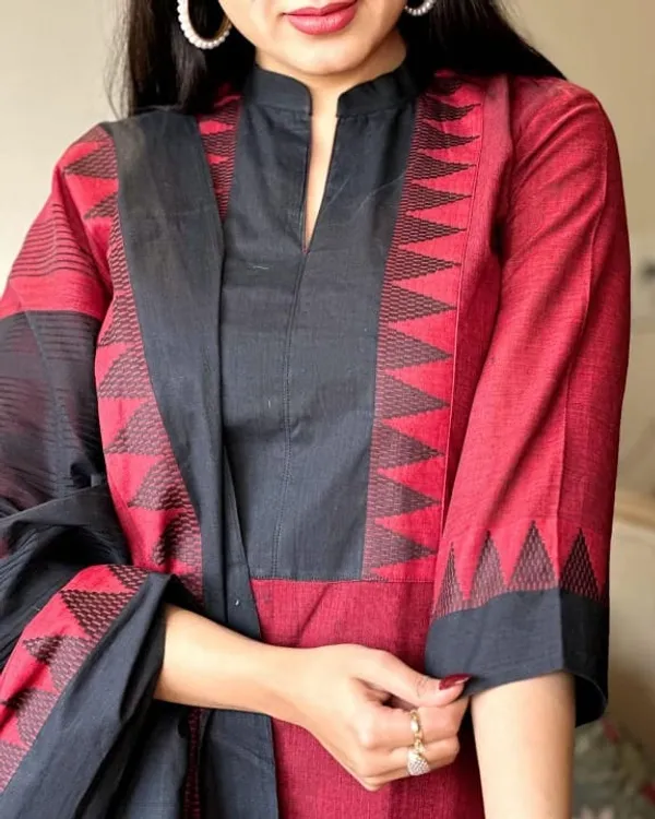 Maroon_Black_Handloom_Cotton_Woven_Fully_stitched_Suits_For_Women