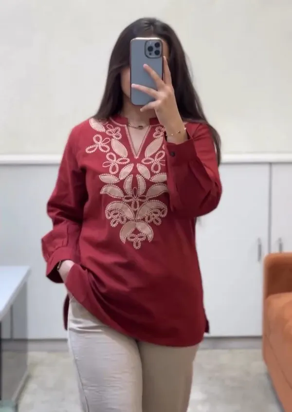 Maroon_Cotton_Embroidered_Staright_Tunic_Top_&__Bottom_For_Women