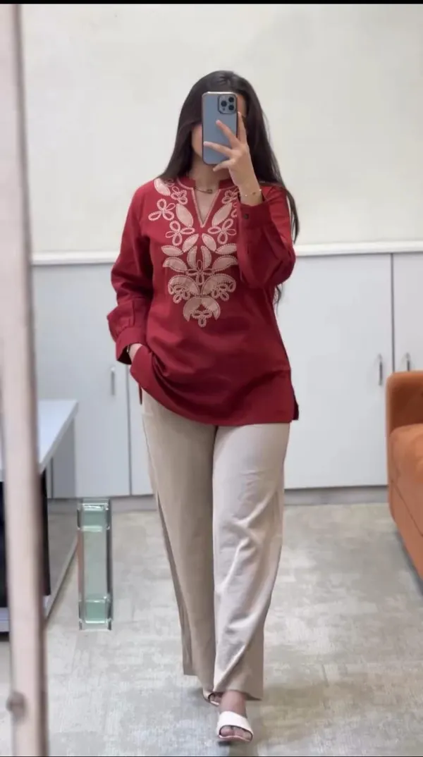 Maroon_Cotton_Embroidered_Staright_Tunic_Top_&__Bottom_For_Women