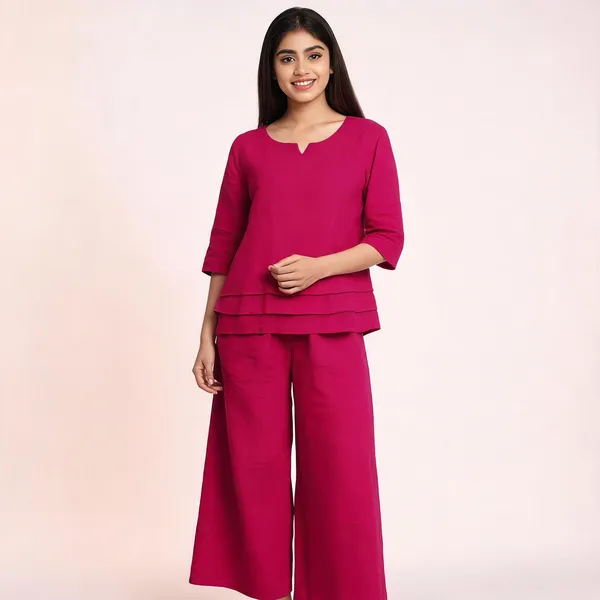 Rani_Pink_Cotton_Slub_Round_Neck_Top_with_Bottom_Co-Ord_Set_For_Women