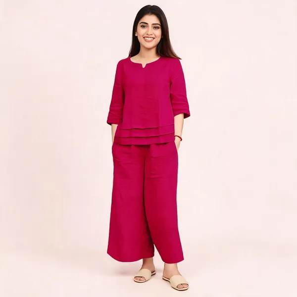 Rani_Pink_Cotton_Slub_Round_Neck_Top_with_Bottom_Co-Ord_Set_For_Women