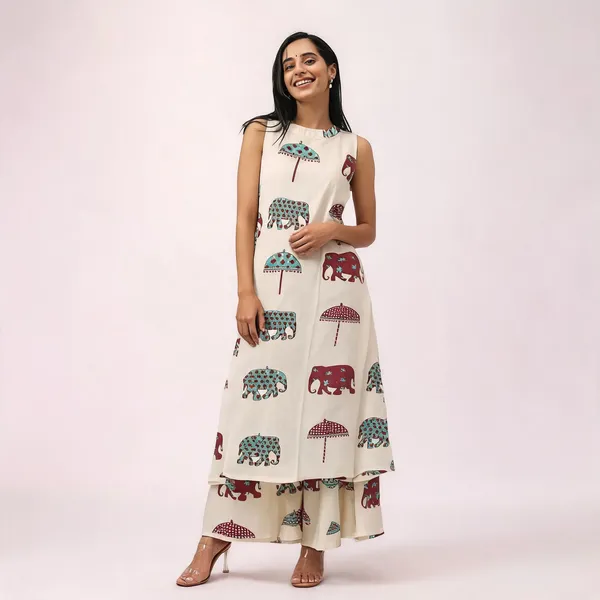 Off_White_Cotton_Flex_Elephant_Print_Sleeveless_A_Line_Kurta__Plazo_Set_For_Women