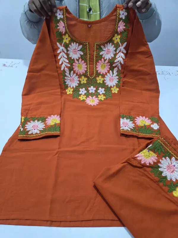 Rust_Cotton_Floral_Embroidered_Straight_Kurta_Pant_Set_For_Women