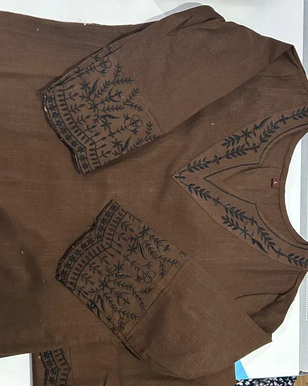 Brown_Cotton_Slub_Embroidered_Straight_Kurta_Pant_Set_With_Kalamkari_Dupatta_For_Women